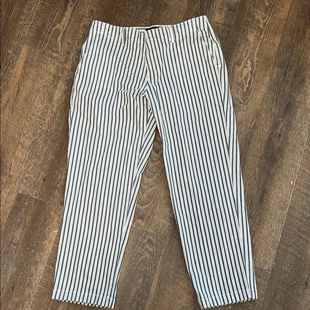 Lands End Pants Women Size 8P Blue White Striped Tapered Nautical Preppy Coastal